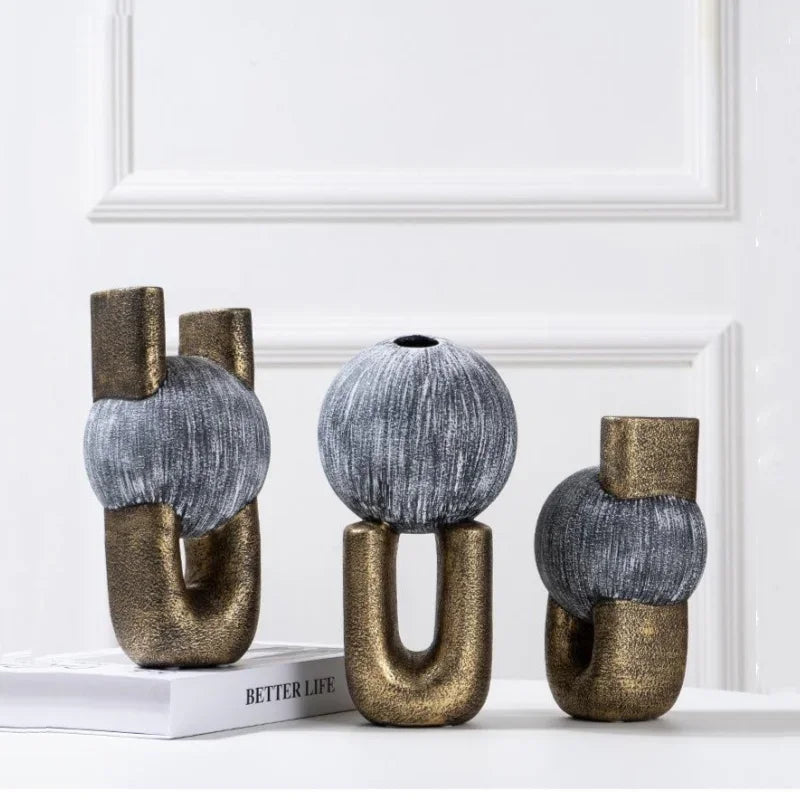 Afralia™ Golden Stripe Geometric Ceramic Vase - Abstract Floral Arrangement Home Decor