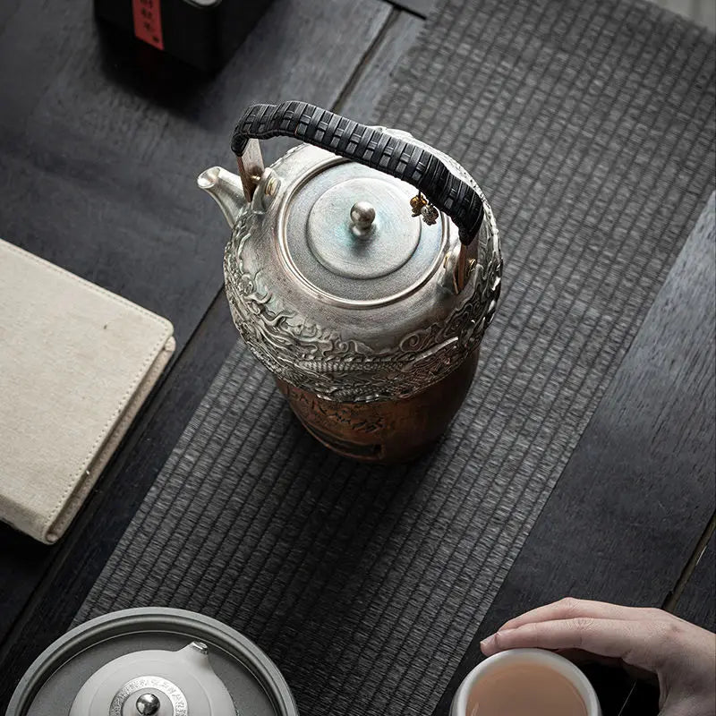 Afralia™ Longteng World Kung Fu Tea Set with Silver Pot, Vintage Year of the Loong Theme.