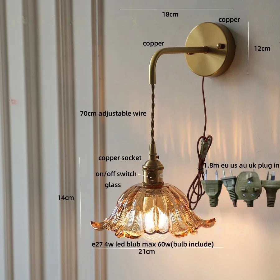 Afralia™ Glass & Copper Green Flower LED Wall Sconce with Pull Chain