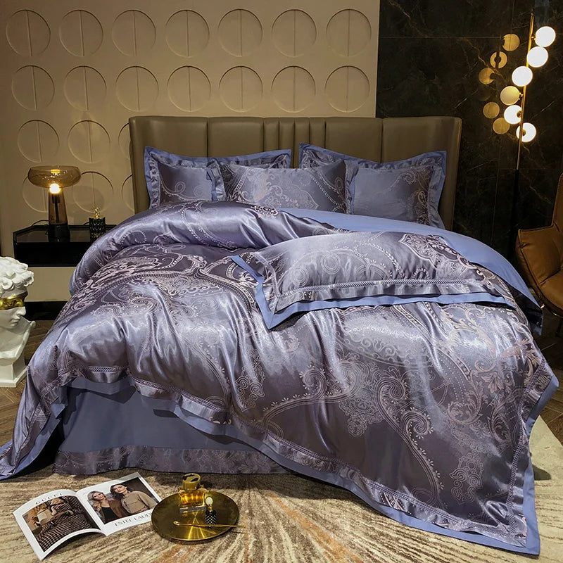 Afralia™ Luxury Soft Satin Jacquard Cotton Bedding Set in Blue/Gold/Gray, Queen/King Sizes