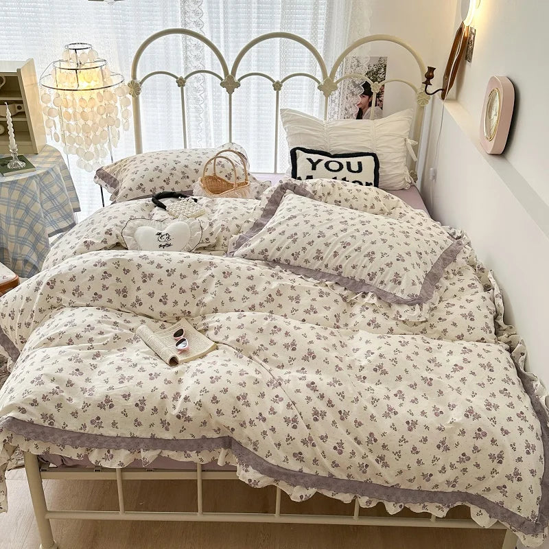 Afralia™ French Floral Print Double Layer Lace Ruffles Bedding Set
