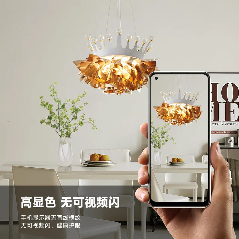 Afralia™ Luxury Golden Acrylic Crown Pendant LED Chandelier for Modern Living Room
