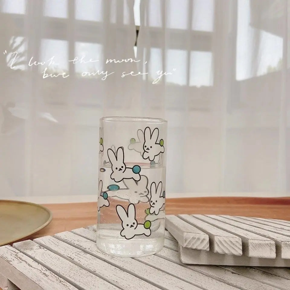 Afralia™ Rabbit Pattern Glass Breakfast Milk Oats Cup Couple Water Cups