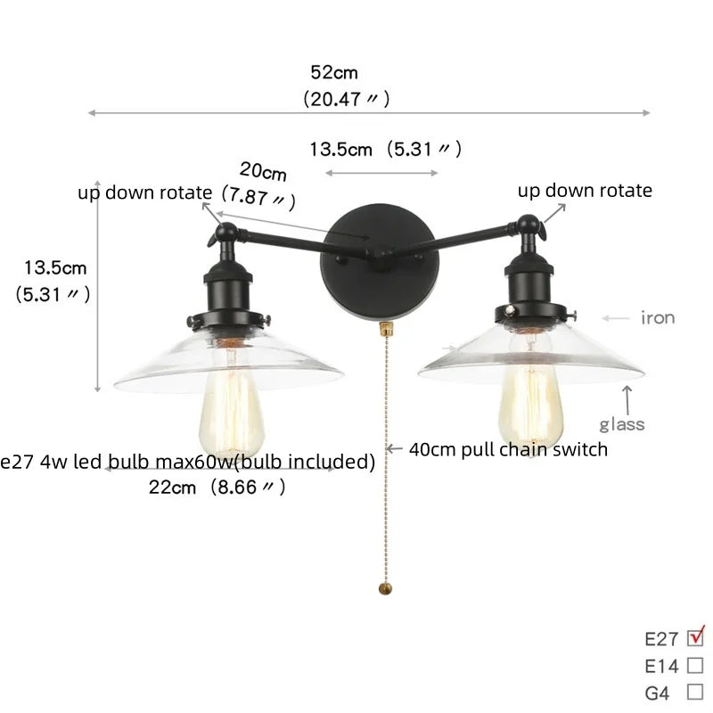 Afralia™ Industrial LED Wall Light Fixture with Glass Pull Chain Switch - 2 Heads