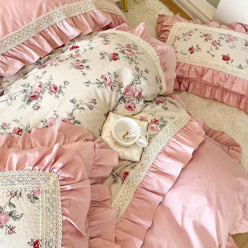 Afralia™ Pink Rose Floral Pleat Lace Ruffles 100% Cotton Bedding Set - Various Bed Sizes