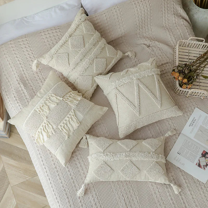 Afralia™ Boho Beige White Tufted Tassel Pillow Cover Set