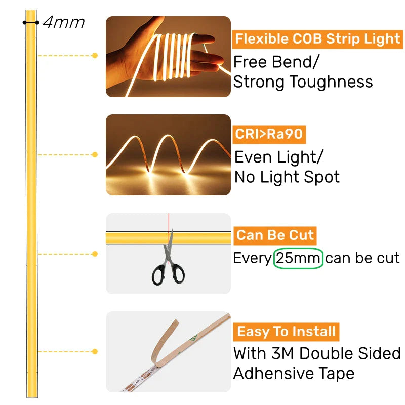 Afralia™ 4mm COB LED Strip Lights - Ultra Slim & Colorful - 480Led/M Linear Tape Lighting