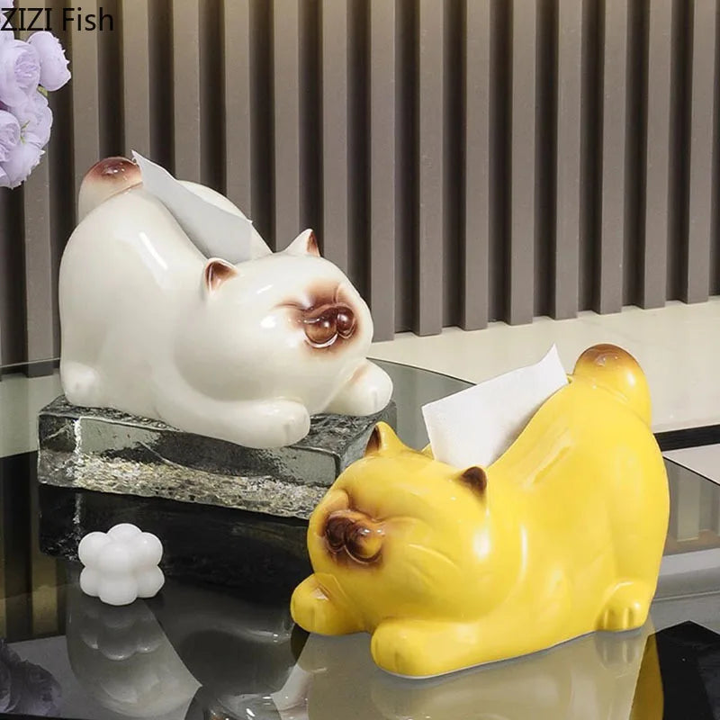 Afralia™ Siamese Kitten Tissue Box: Cute Ceramic Cat Decor for Coffee Table & Desk