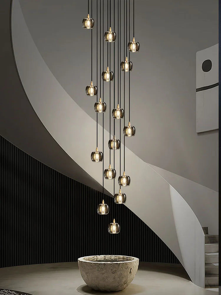 Afralia™ Black & Gold Crystal Chandelier LED Pendant Light Fixture Loft Staircase Lighting