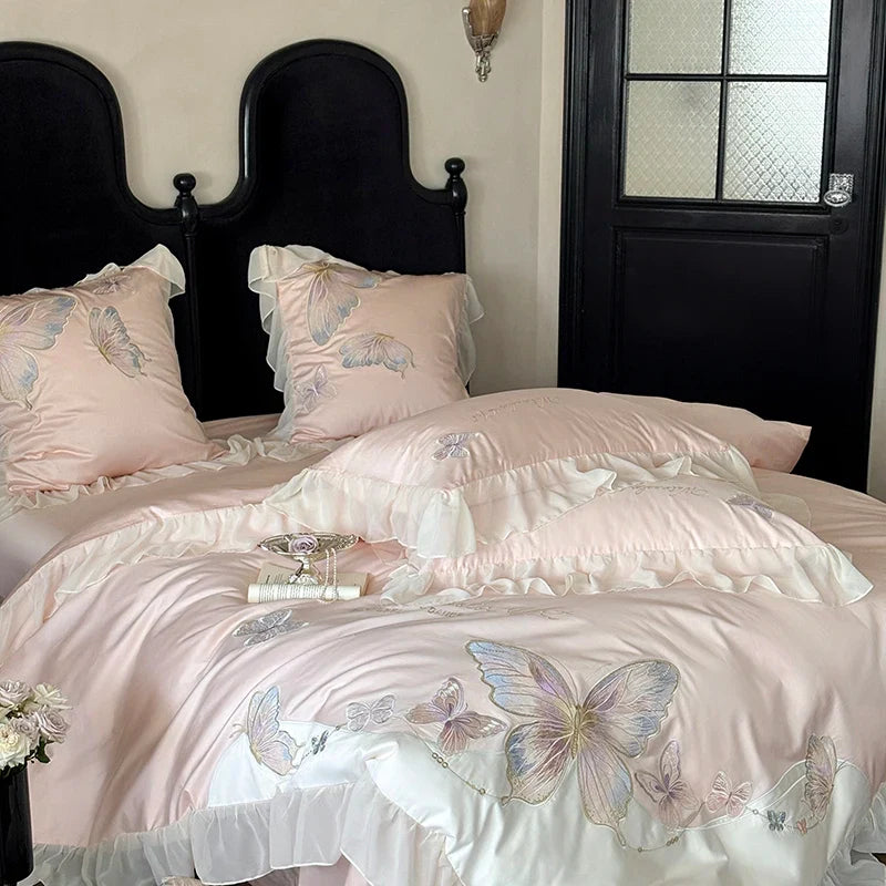 Afralia™ Butterfly Embroidery Lace Ruffles Bedding Set 100S Egyptian Cotton Duvet Cover