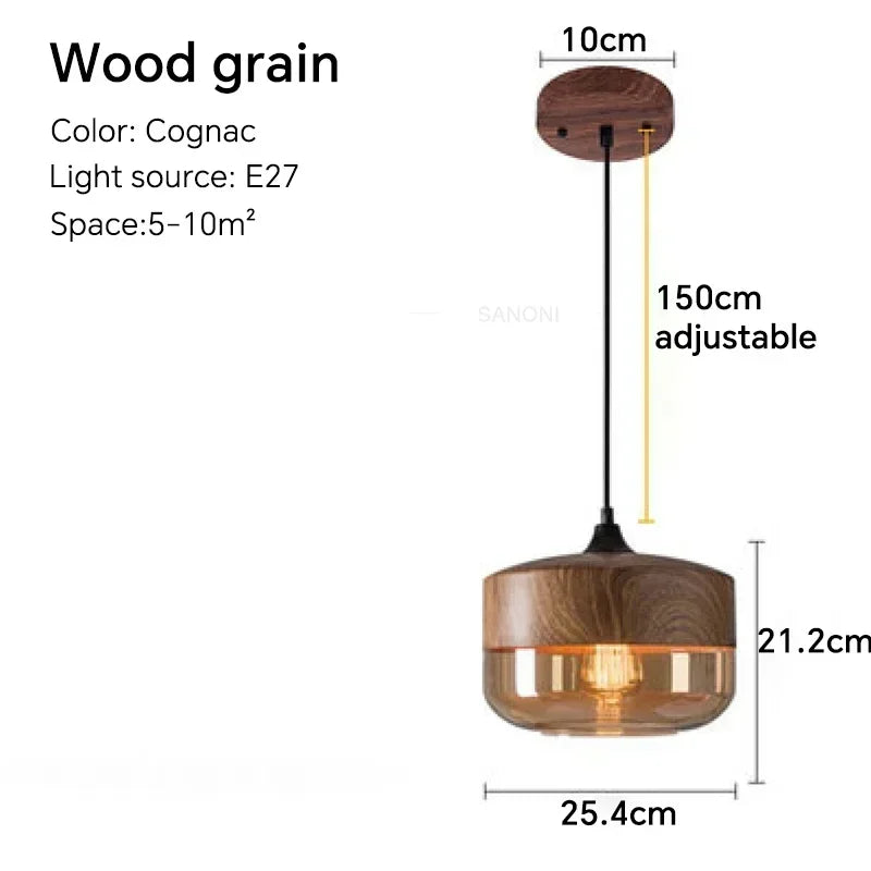 Afralia™ Glass Wood Chandelier LED Pendant Light Fixture for Living Dining Bedroom