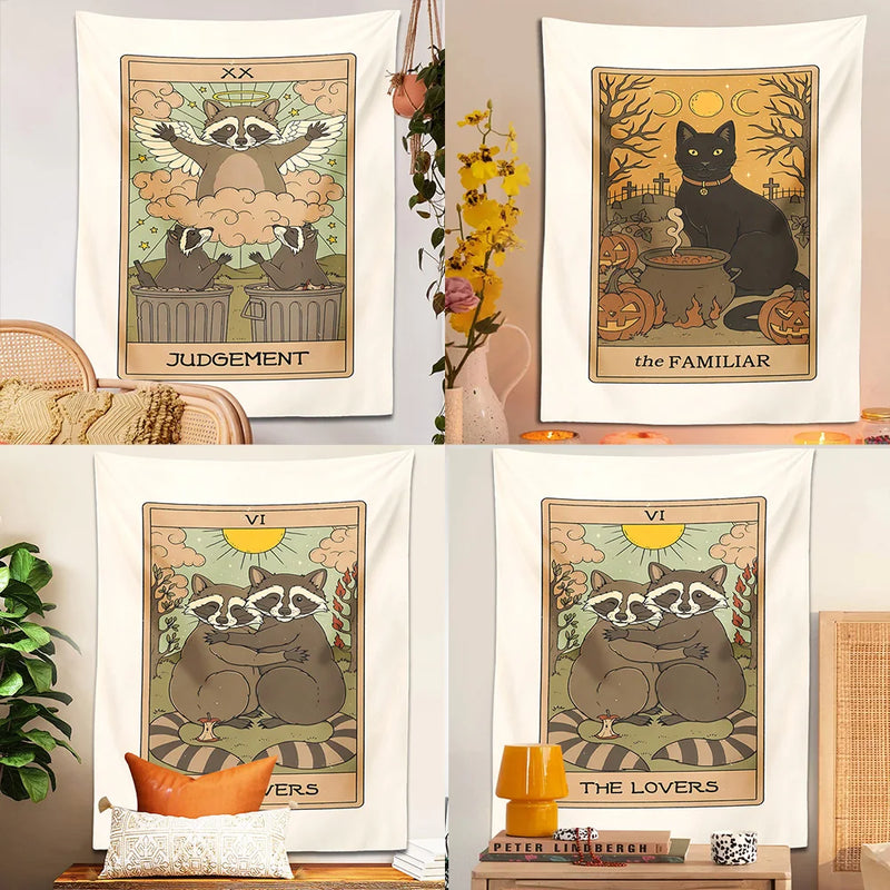 Cat Tarot Boho Tapestry Wall Hanging Moon Phase Aesthetic Room Decor by Afralia™