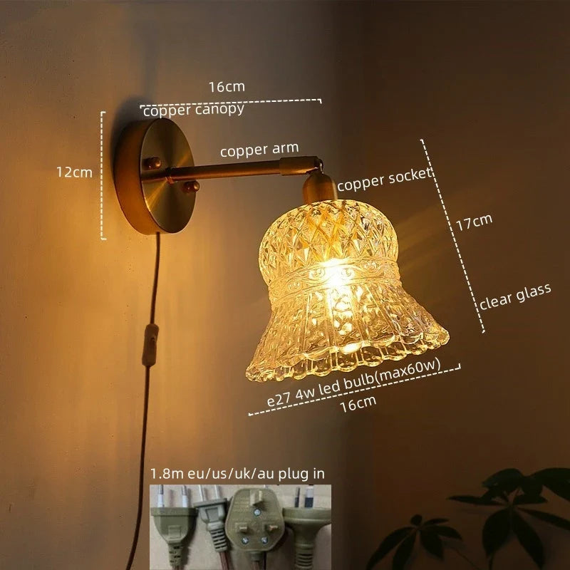 Afralia™ Vintage Copper Glass LED Wall Light with Pull Chain Switch for Dining Room Bedroom