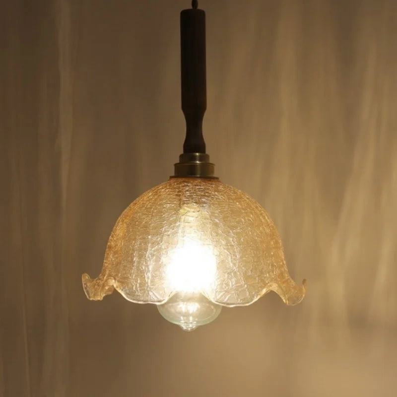 Afralia™ Amber Glass LED Pendant Lamp, Copper Walnut Hanging Light Fixture for Home Decor