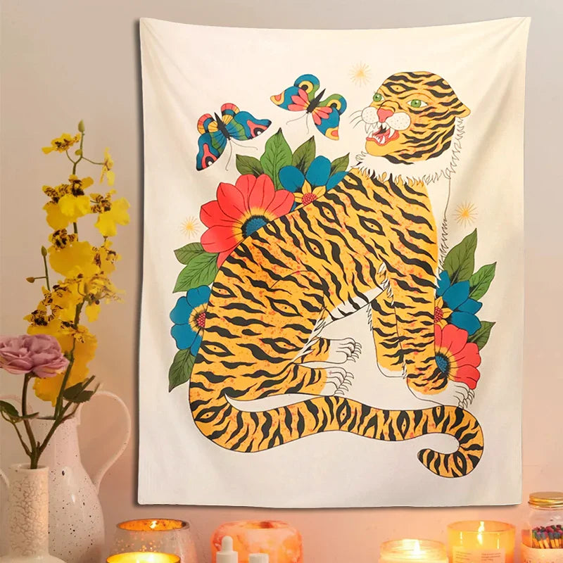 Afralia™ Tiger Tapestry: Hippie Boho Wall Hanging with Floral Butterfly, Psychedelic Animal Art