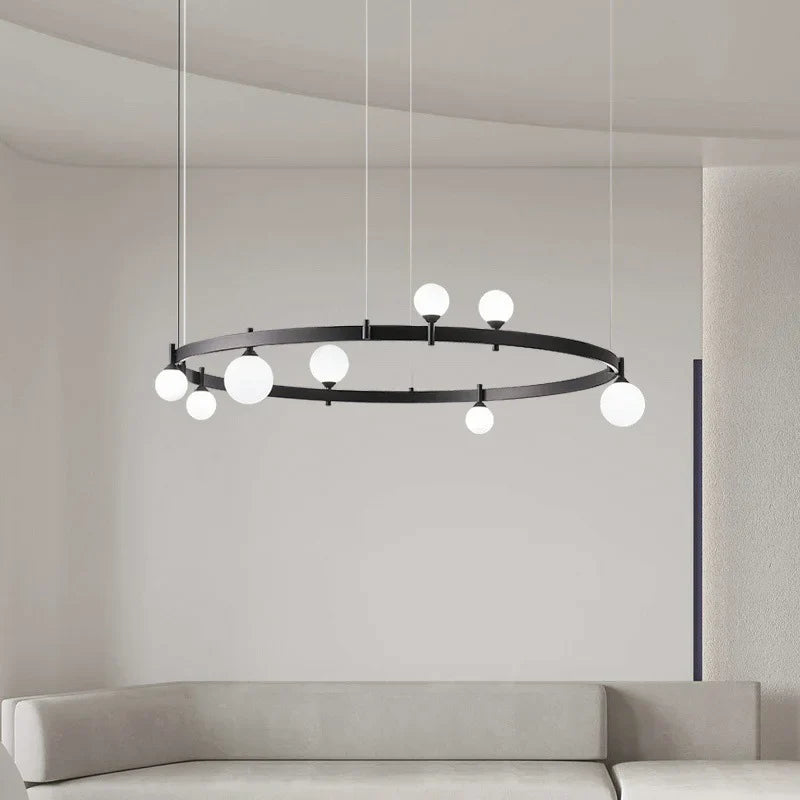 Afralia™ Minimalist Black Chandelier with White Glass, Adjustable Height, G4 Bulb, Art Decor