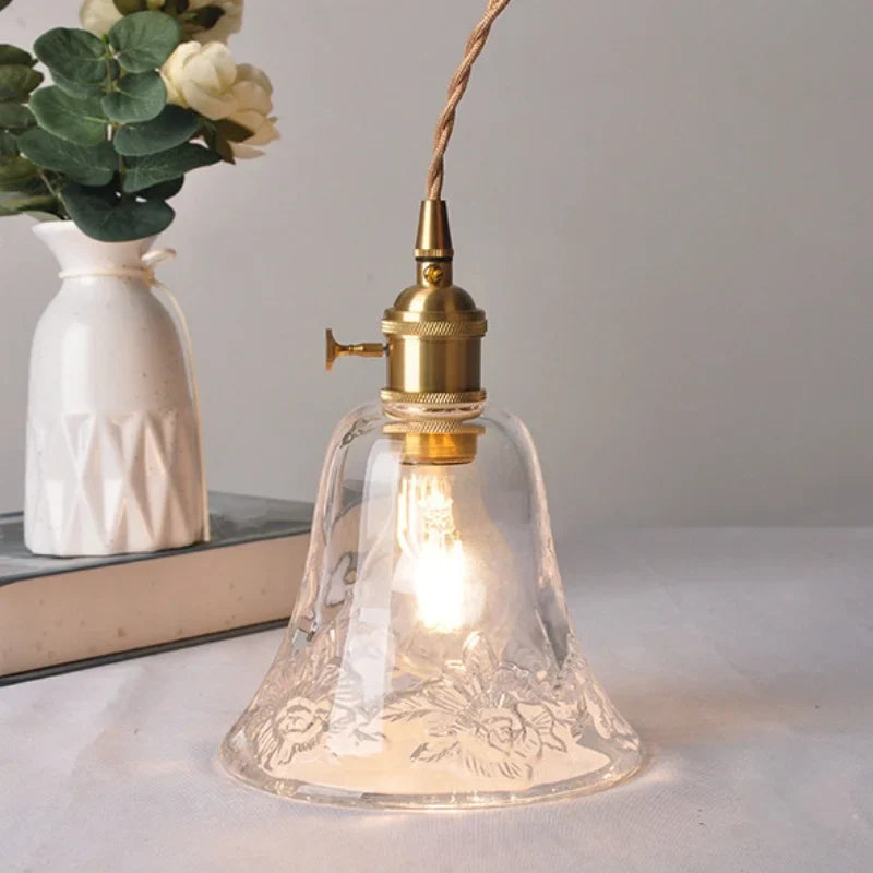 Afralia™ Flower Glass LED Pendant Lamp Brass Knob Switch Adjustable Wire Dining Room Lighting