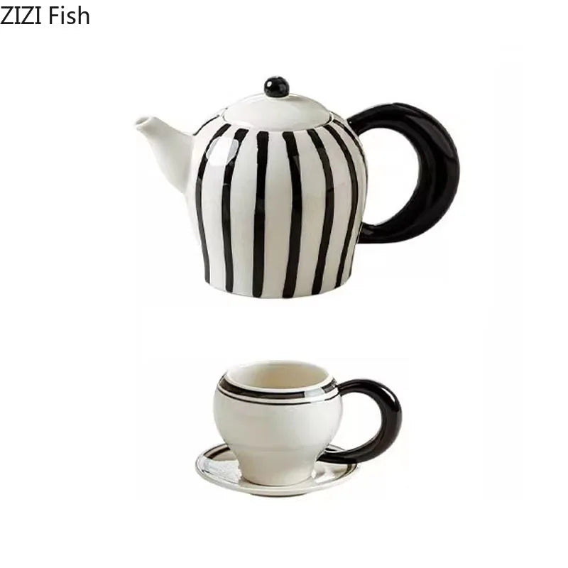 Afralia™ Striped Porcelain Tea Set: Mug, Teapot, Cup & Saucer for Dining Table & Afternoon Tea
