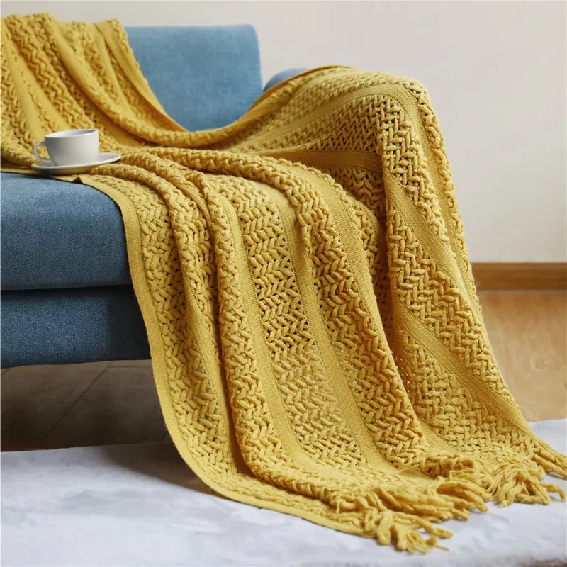 Afralia™ Nordic Knitted Sofa Blanket with Tassels - Solid Color Siesta Shawl Blanket