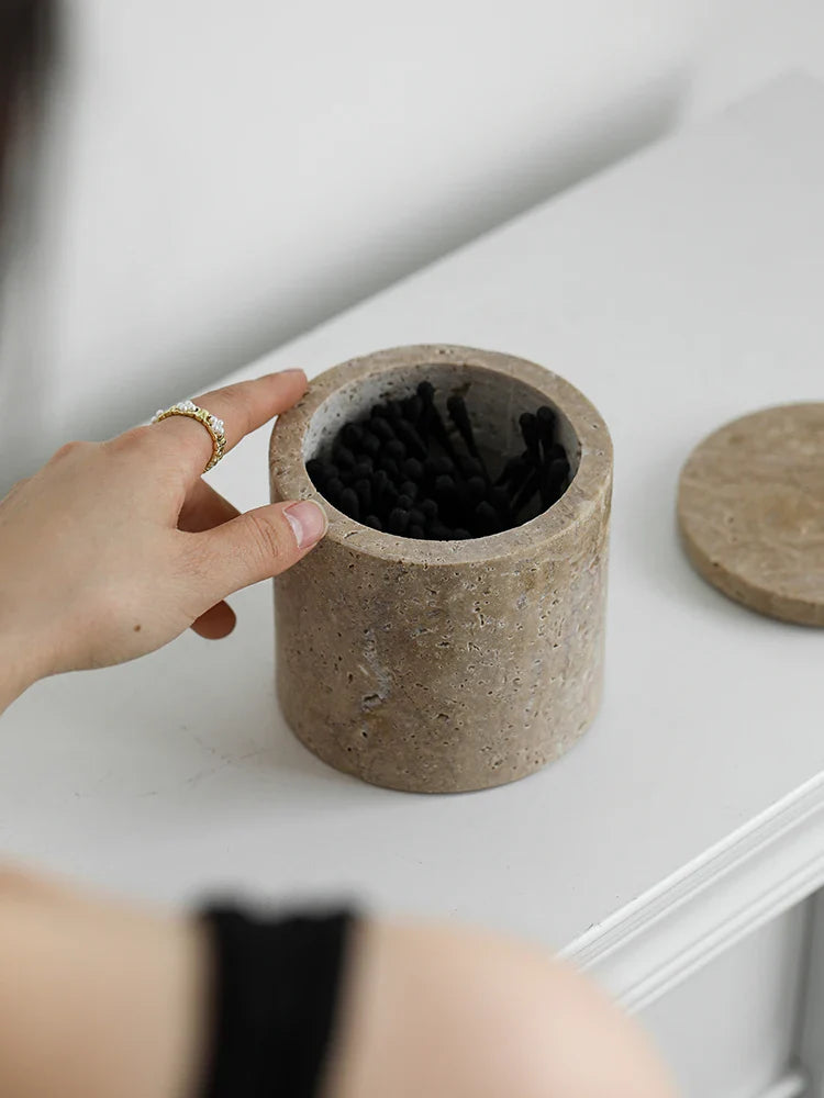 Afralia™ Round Marble Cotton Swab Holder & Spice Jar - Natural Stone Makeup Organiser