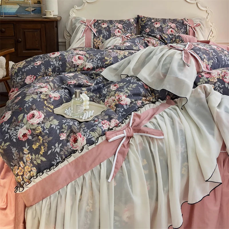 Afralia™ Chiffon Lace Ruffles Princess Egyptian Cotton Bedding Set