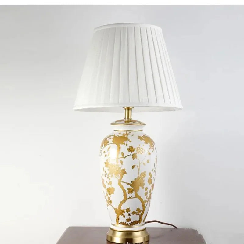 Afralia™ Copper Base Ceramic Table Lamp with Fabric Lampshade
