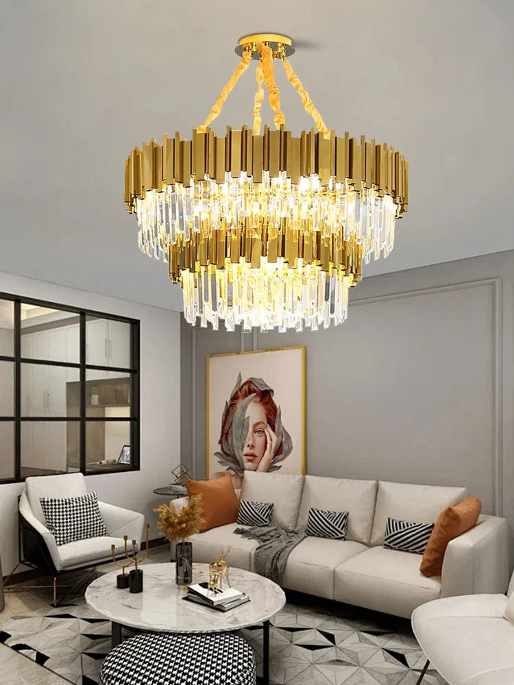 Afralia™ Gold K9 Crystal Ceiling Chandelier, Dimmable Luxury Living Room Bedroom Lighting