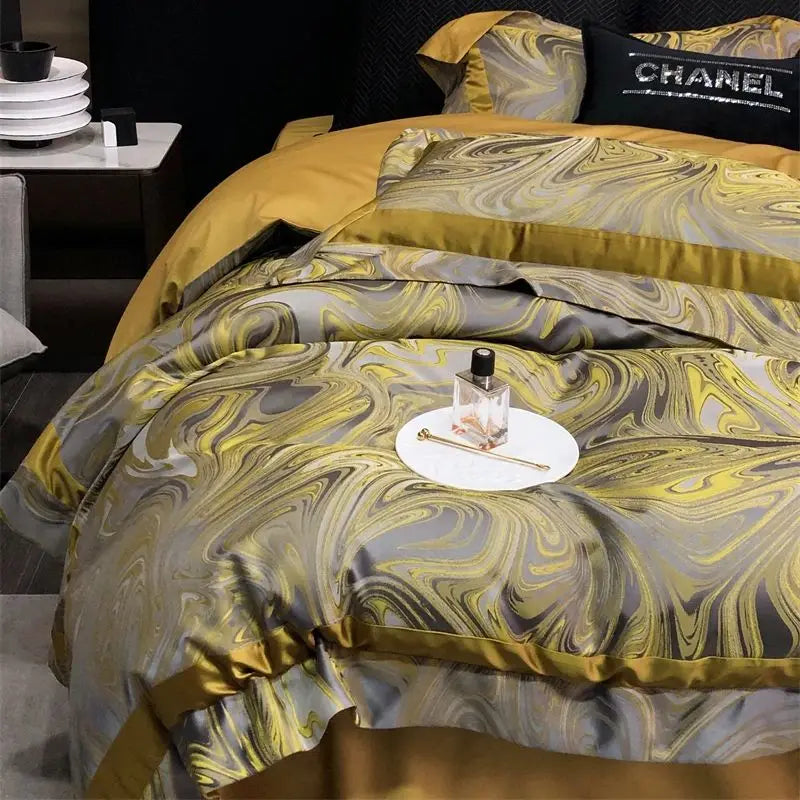 Afralia™ Brocade Satin Jacquard Luxury Cotton Bedding Set - Duvet Cover, Sheet, Pillowcases