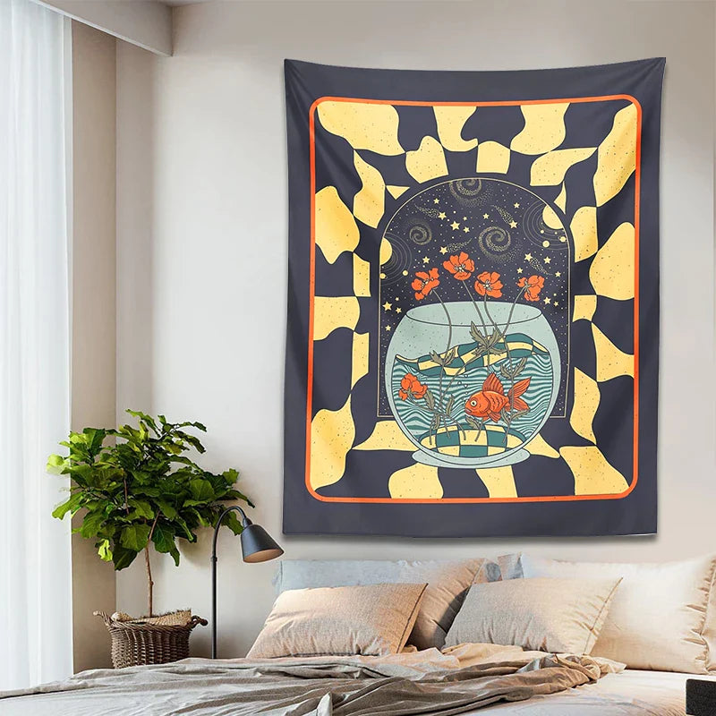 Afralia™ Psychedelic Goldfish Tapestry Wall Hanging Star Geometry Flower Decor