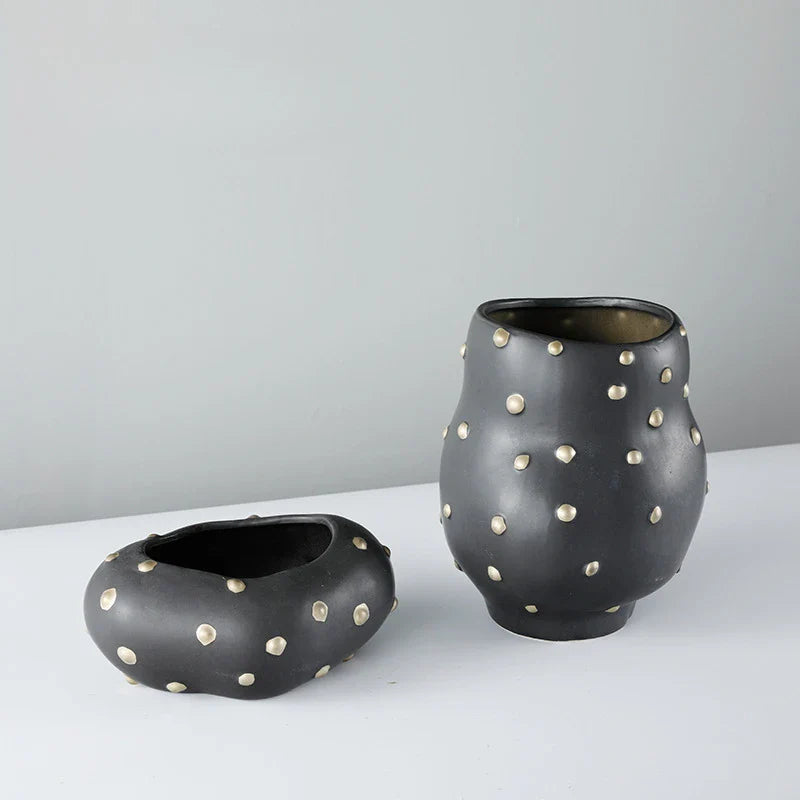 Afralia™ Black Resin Flower Pot Gold Accent Vase for Chic Home Decor
