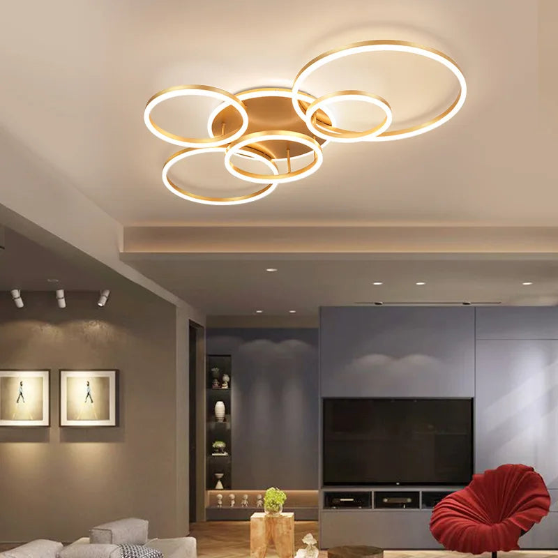 Afralia™ Brushed Golden LED Ceiling Chandelier for Modern Living Room and Bedroom Lighting