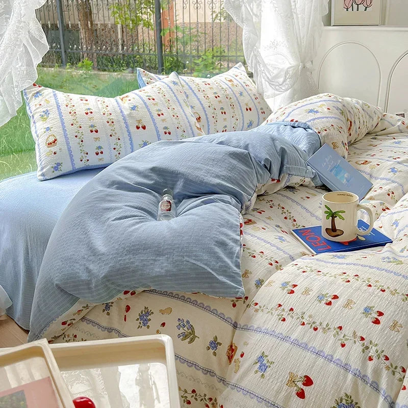 Afralia™ Floral Printed Cotton Bed Set: Cute, Soft, Comfortable 4-Piece Duvet Cover & Sheet