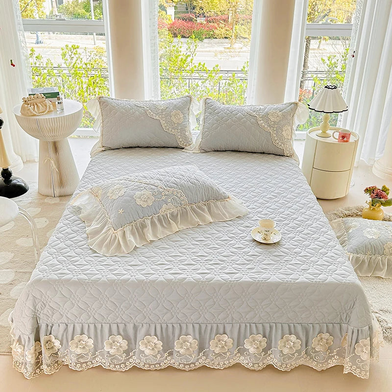 Afralia™ Pink Cotton Quilted Bedspread Set with Lace Edge and Pillowcases