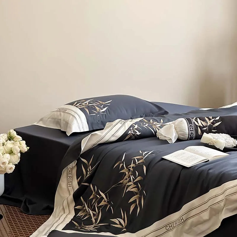 Afralia™ Bamboo Embroidery 1000TC Egyptian Cotton Bedding Set in Luxury Dark Blue