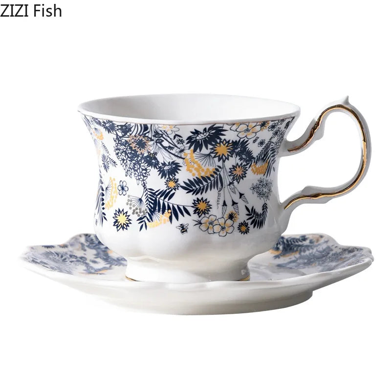 Afralia™ Blue & White Porcelain Classic Coffee Mug Set Gold Rim Tea Cup Saucer