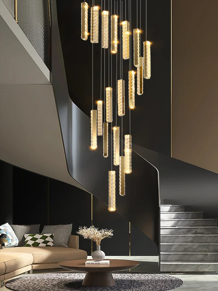 Afralia™ Large Chrome Plated Crystal Chandelier Pendant for Modern Spiral Staircase