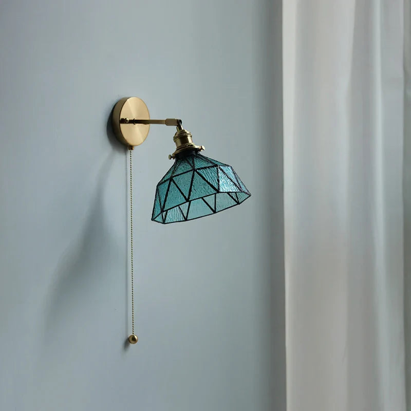 Afralia™ Tiffany Blue Glass LED Wall Sconce Rotate Copper Pull Chain Switch Light