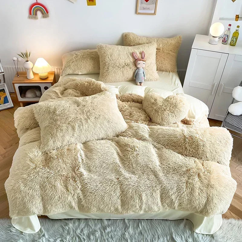 Afralia™ Fluffy Faux Fur Bedding Set: Duvet Cover, Sheet, Pillowcase - Soft & Warm