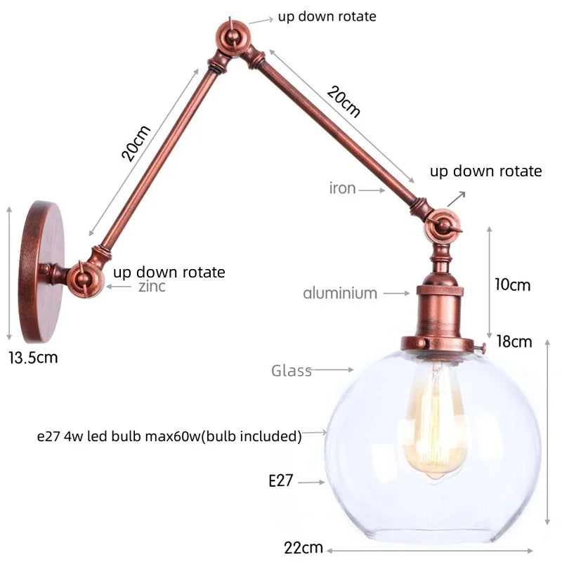 Afralia™ Vintage Loft LED Wall Light - Industrial Glass Iron Lamp