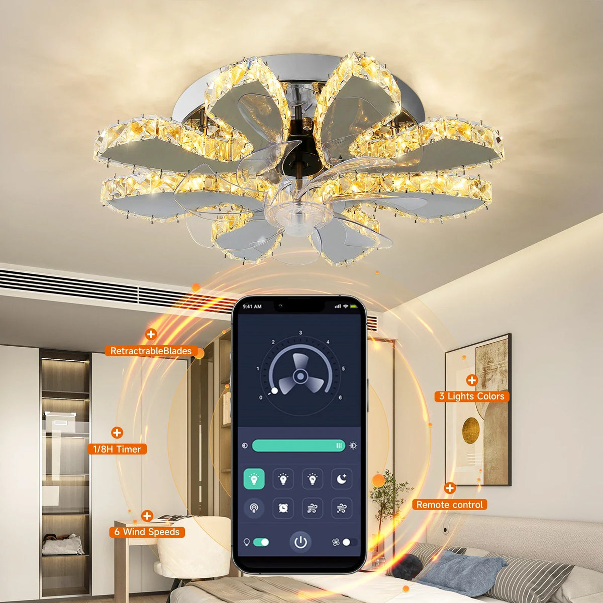 Afralia™ Crystal Luxury Ceiling Fan with LED Lamp Chandelier Smart Home Decor Fixtures