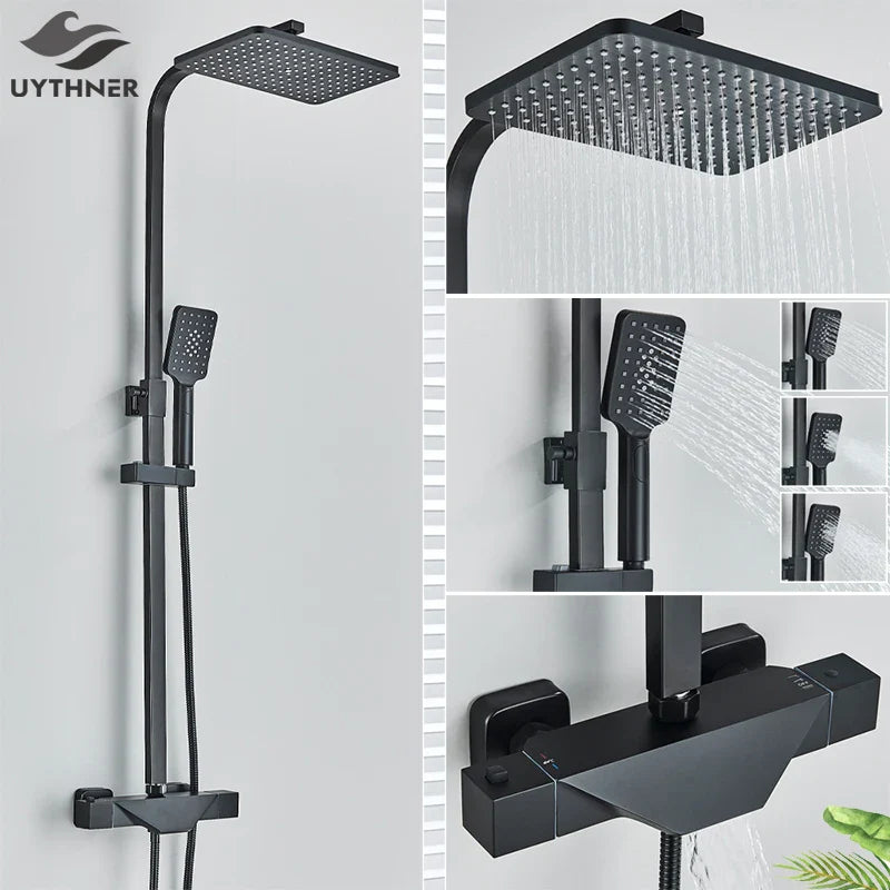 Afralia™ Black Thermostatic Shower Faucet Rain Head System for Wall Mount Installation