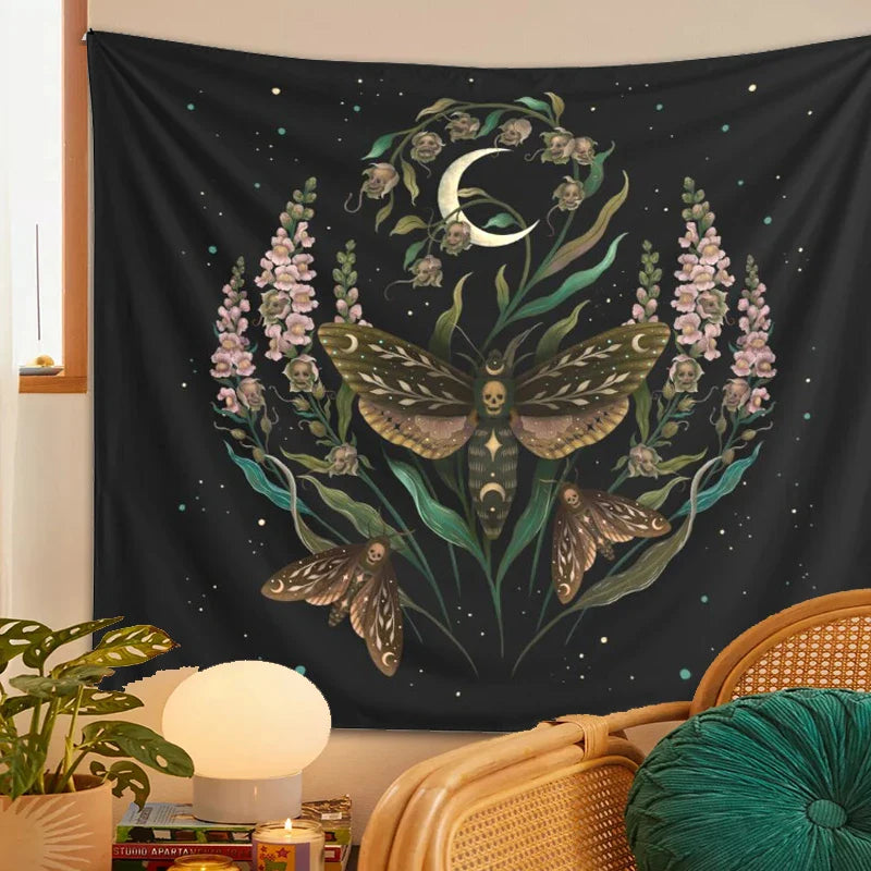 Afralia™ Death's Head Tapestry Wall Hanging Moon Flower Trippy Carpet Dorm Room Decor