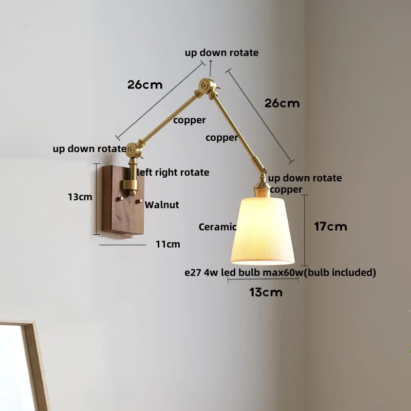 Afralia™ Wood LED Wall Light with Pull Chain Switch & Rotatable Amber Glass