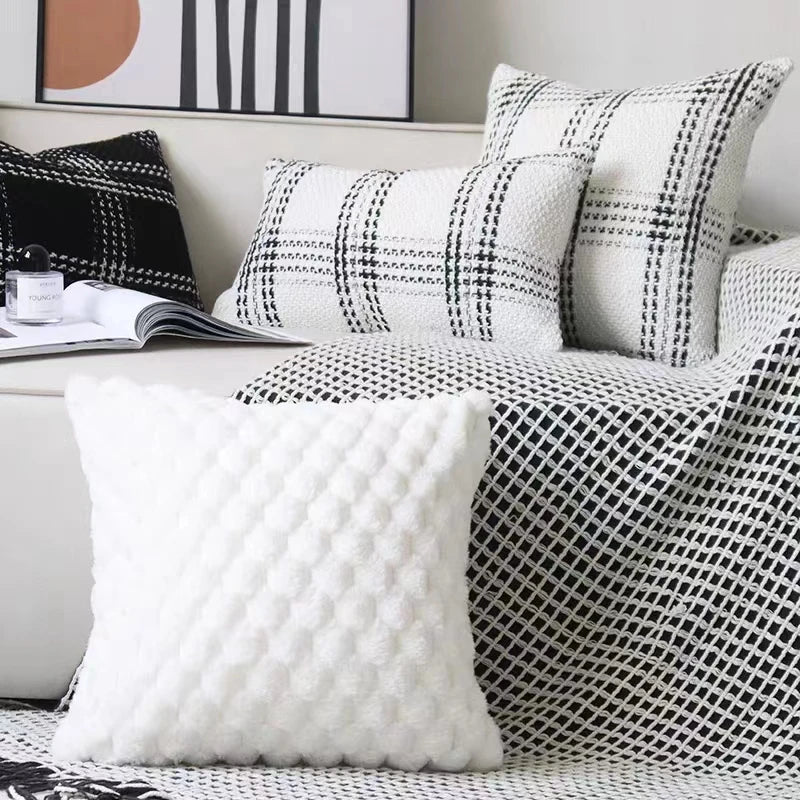 Afralia™ Geometric Plaid Woven Cushion Cover - Black and White Crochet Pillow Case