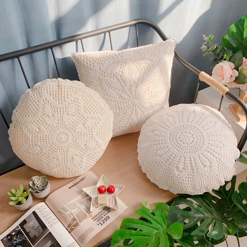 Afralia™ Crochet Cushion Cover Handmade Woven Pillow Case 40*40cm Square Circular Decorative Pillows