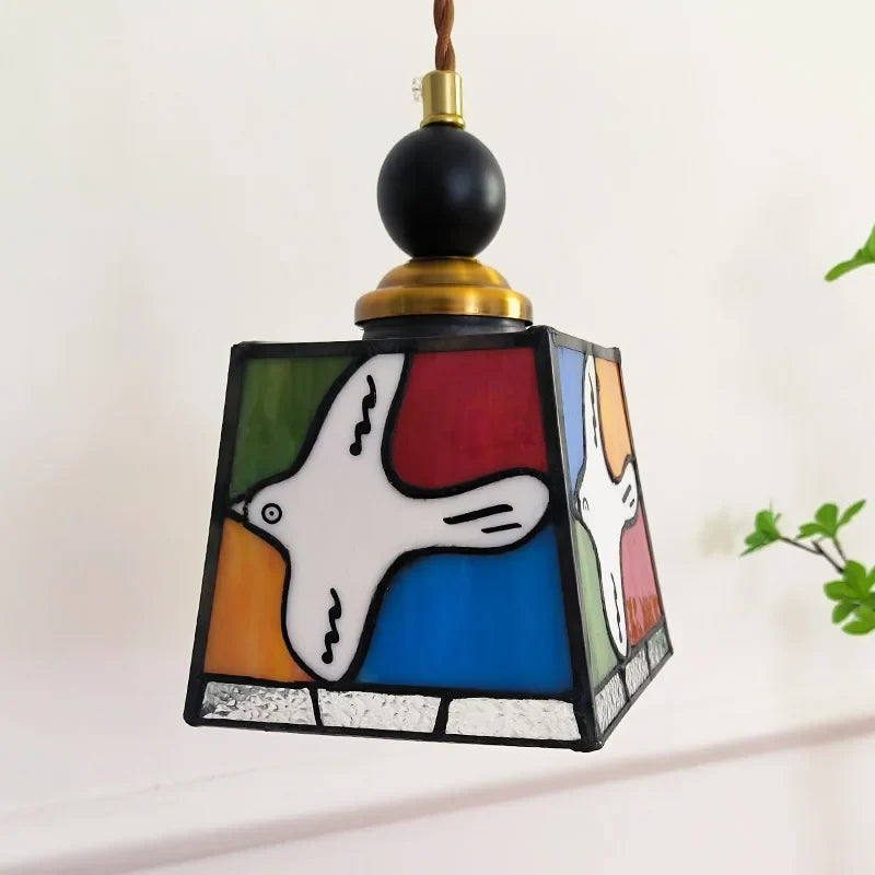 Afralia™ Peace Dove Glass Pendant Light Fixture Wood Copper Tiffany Style LED Hanging Lamp