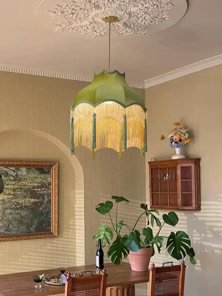 Afralia™ Vintage Green Cloth Tassels LED Ceiling Chandelier Pendant Lights Home Decor