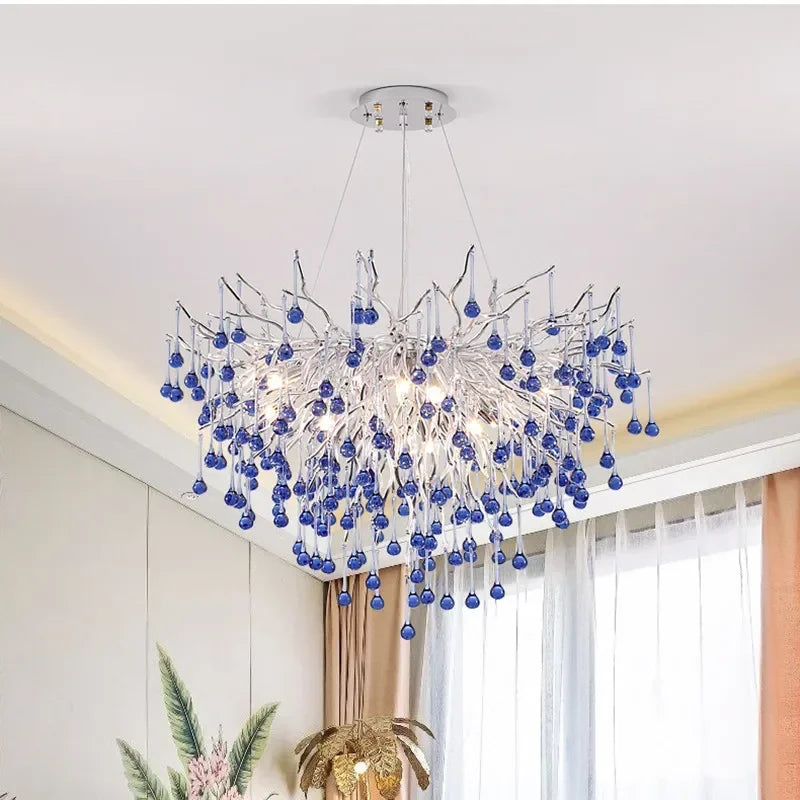 Afralia™ Pink Crystal Chandelier Chrome Ceiling Living Room Light Luxury Chandelier