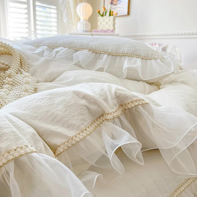 Afralia™ Seersucker Princess Bedding Set with Lace Ruffles - 4Pcs