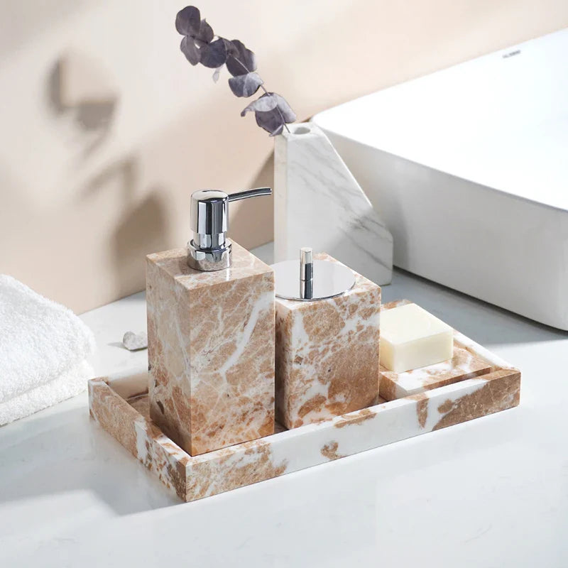Afralia™ Coral Pink Marble Bathroom Accessories Set: Dispenser, Dish, Holder, Tissue Box, Tray